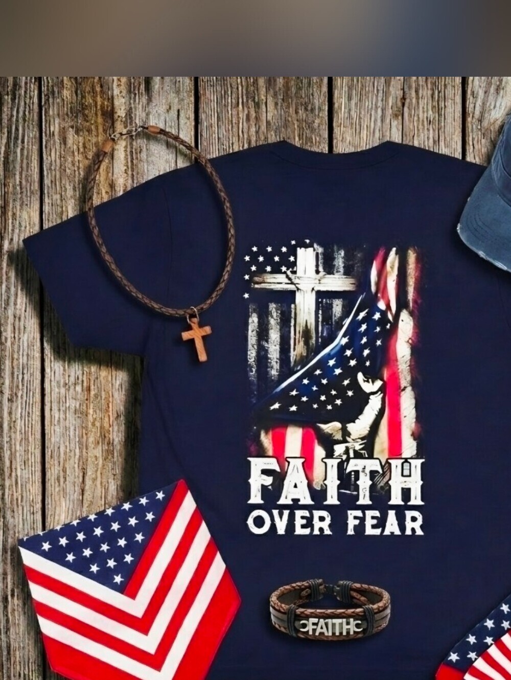 Faith Over Fear Christian Patriotic Tee • American Flag Cross Shirt •